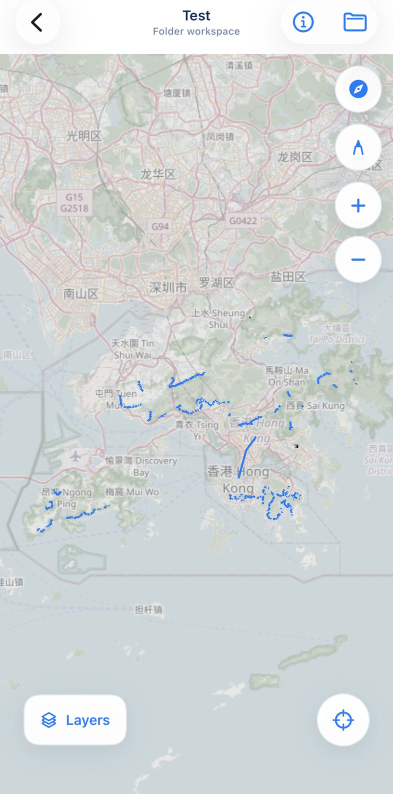Geoplacer map workspace showing GIS layers over a map, with Layers, Locate, Draw, compass, and zoom controls.